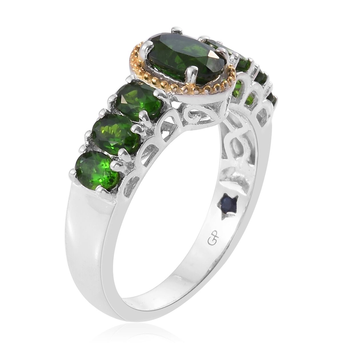 GP Chrome Diopside (Ovl), Blue Sapphire Ring in Platinum and Yellow Gold Overlay Sterling Silver 2.250 Ct.