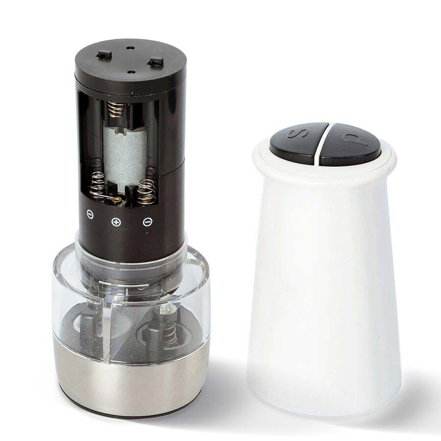 White 2 in 1 Stainless Steel Electric Salt and Pepper Mill with Two Compartments Size 17x6.5 cm 6xAAA Battery not Included