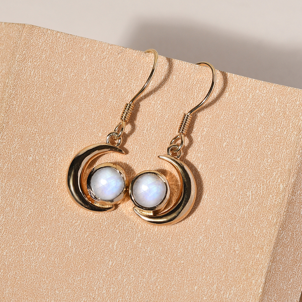 Rainbow Moonstone Dangling Earrings (with Hook) in 14K Gold Overlay Sterling Silver 2.10 Ct.