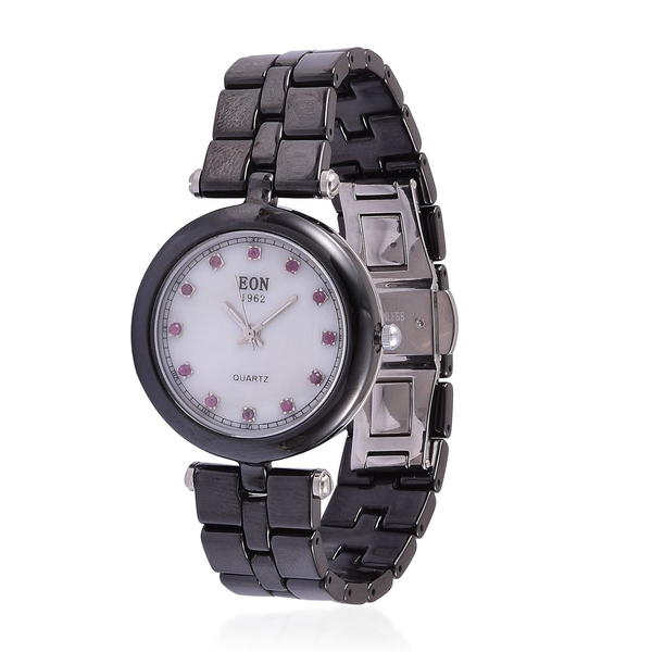 EON 1962 SWISS MOVEMENT Ruby Studded Mother of Pearl HighTech Black Ceramic with Sapphire Glass Watc