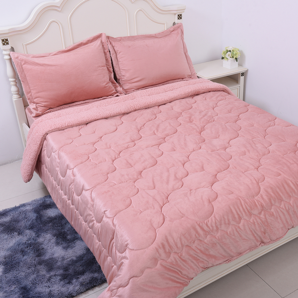 Serenity Night - 4 Piece Sherpa Comforter Set - Dusky Pink Duvet (220x225cm), Fitted Sheet (150x200+30cm) and Pillow Covers (50x70+5cm) - KING