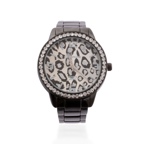 GENOA Japanese Movement Leopard Dial White Austrian Crystal Watch in ION Plated Black