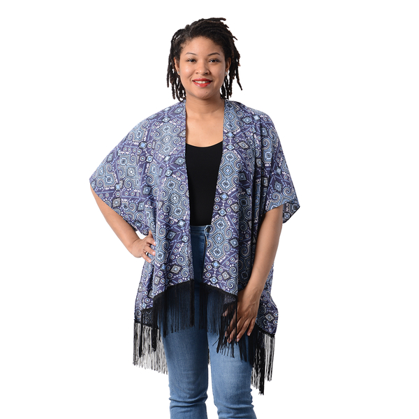 Printed Kimono with Tassel in Blue