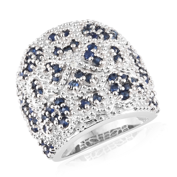 2.50 Ct Kanchanaburi Blue Sapphire and Diamond Cluster Ring in Platinum Plated Silver 14 Grams