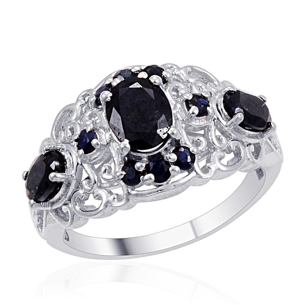 Kanchanaburi Blue Sapphire (Ovl 1.50 Ct) Ring in Platinum Overlay Sterling Silver 3.180 Ct.