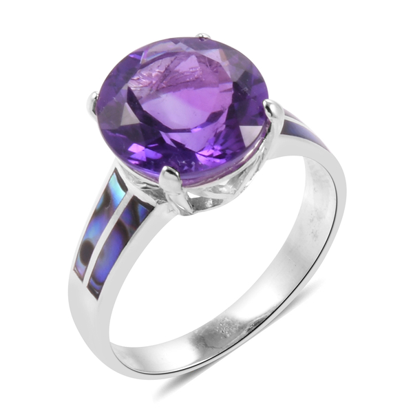 Royal Bali Collection Amethyst (Rnd 6.25 Ct), Abalone Shell Ring in Sterling Silver 8.250 Ct.