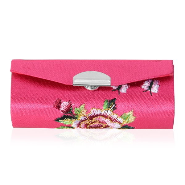 3 Piece Set - Floral Embroidery Pattern Cosmetic Organiser (Includes Compact Mirror, Lipstick Case and Coin Purse) - Fuchsia