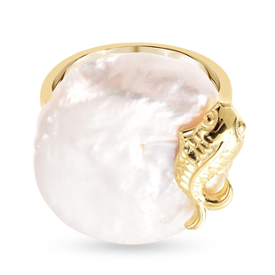 White Baroque Coin Pearl Ring in Yellow Gold Overlay Sterling Silver