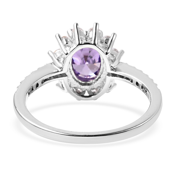 3 Piece Set - Simulated Amethyst and Simulated Diamond Sunburst Theme Ring, Stud Earrings (with Push Back) and Pendant with Chain (Size 20 with 2 inch Extender) in Silver Tone