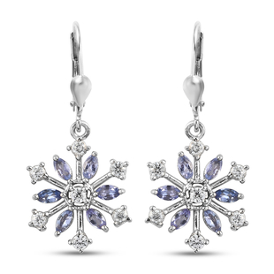 Tanzanite (Mrq), Natural Cambodian Zircon Snowflake Lever Back Earrings in Platinum Overlay Silver 1