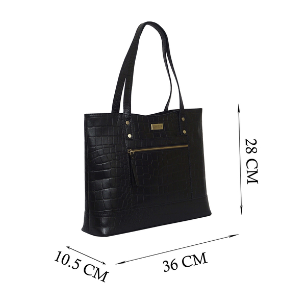 Assots London HELENE - 100% Genuine Croc Leather Handbag (Size 39x26x10cm) - Black