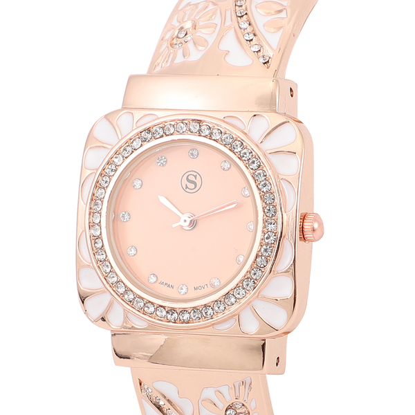 STRADA Japanese Movement Nude Pink Dial Crystal Studded Water Resistant Bangle Watch (Size 7) in Rose Gold Tone