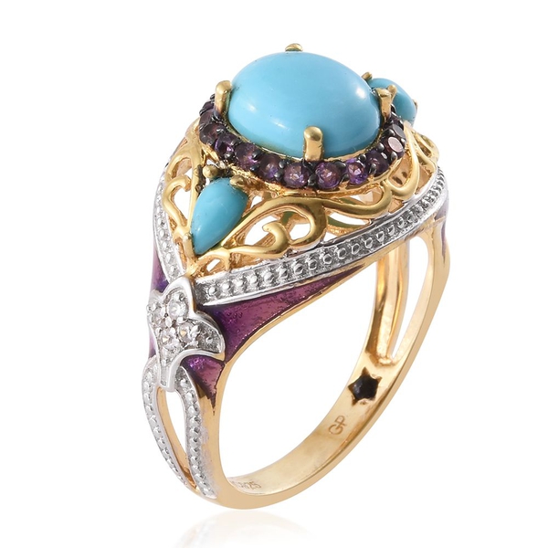 GP Arizona Sleeping Beauty Turquoise (Ovl 2.25 Ct), Amethyst, Kanchanaburi Blue Sapphire and Natural Cambodian Zircon Ring in 14K Gold Overlay Sterling Silver 3.210 Ct.