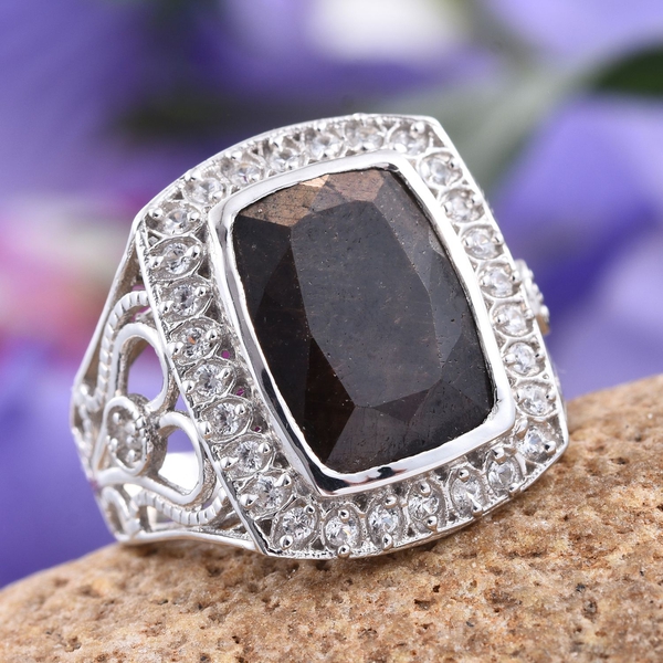 Natural Zawadi Golden Sheen Sapphire (Cush 10.00 Ct), Natural Cambodian Zircon Ring in Platinum Overlay Sterling Silver 10.500 Ct. Silver wt 5.61 Gms.