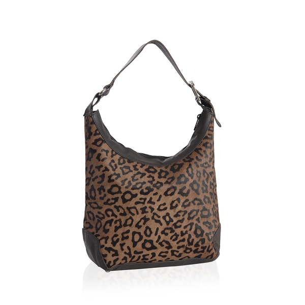 100% Genuine Leather Leopard Pattern Chocolate Colour Handbag with External Zipper Pocket and Adjustable Shoulder Strap (Size 32x24x11 Cm)