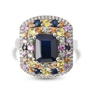 Blue Sapphire and Multi Gemstones Ring in Platinum Overlay Sterling Silver 5.32 Ct.