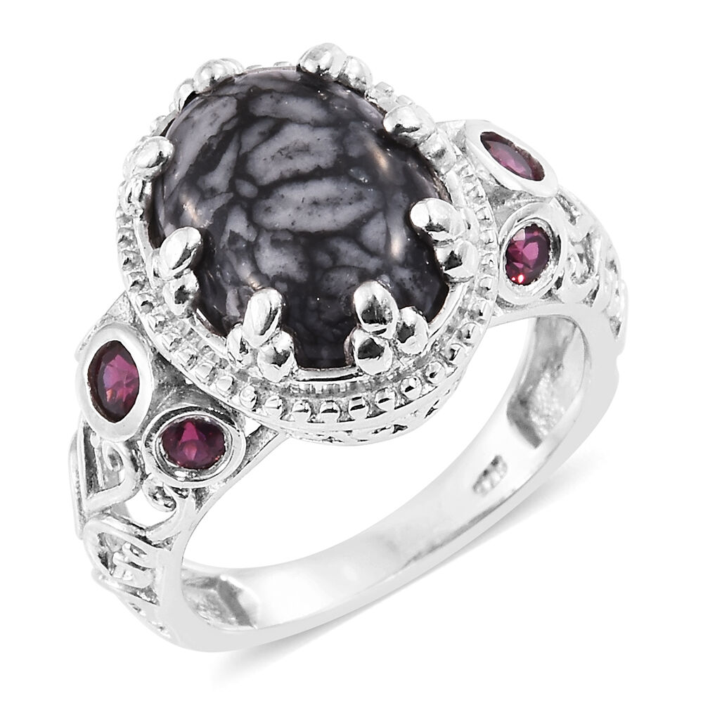 Austrian Pinolith (Ovl 6.25 Ct), Rhodolite Garnet Ring in Platinum Overlay Sterling Silver 7.000 Ct.
