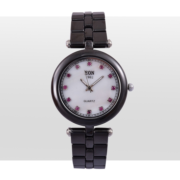 EON 1962 SWISS MOVEMENT Ruby Studded Mother of Pearl HighTech Black Ceramic with Sapphire Glass Watch