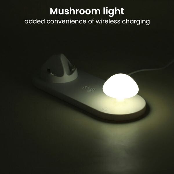 New Arrival- Multi 3 in 1 USB Charger with Wireless Charging Dock Station and Mushroom Light (Size 23x9x6 cm) - White