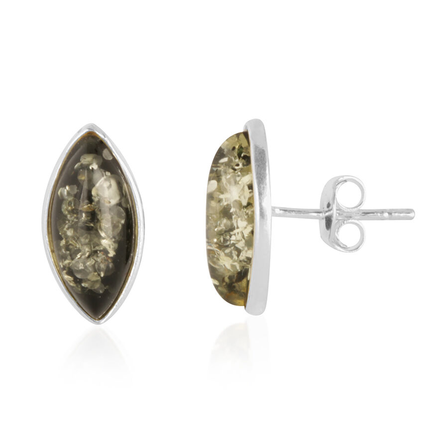 Mayan Green Amber (Mrq) Earrings (with Push Back) in Sterling Silver