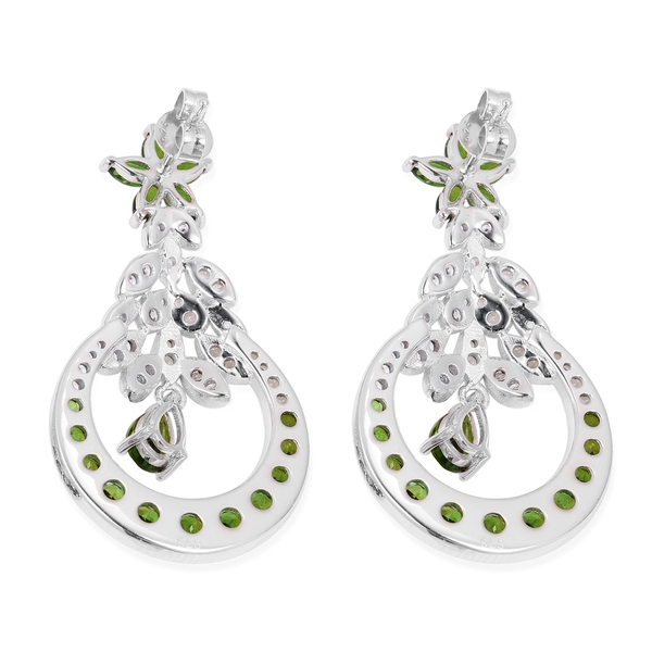 Chrome Diopside (Pear), Natural Cambodian White Zircon Dangle Earrings (with Push Back) in Rhodium Overlay Sterling Silver 5.020  Ct, Silver wt 8.81 Gms.