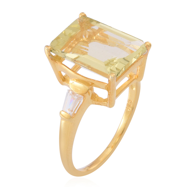 Natural Ouro Verde Quartz (Oct 6.75 Ct), White Topaz Ring in 14K Gold Overlay Sterling Silver 7.000 Ct.