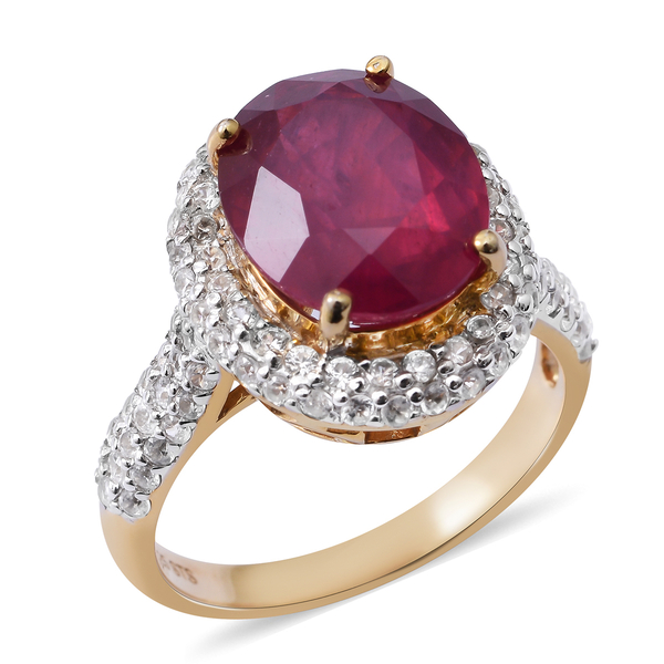 African Ruby (Ovl 6.75 Ct), Natural White Cambodian Zircon Ring in 14K Gold Overlay Sterling Silver 