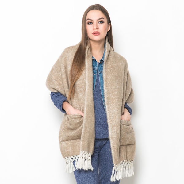Designer Inspired - Beige Colour Winter Scarf with Pockets and Tassels (Size 175x45 Cm)