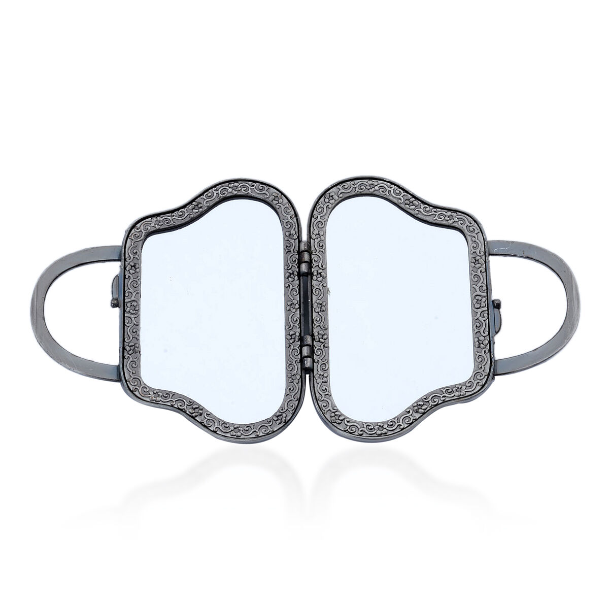 Multi Colour Enameled Flower and Butterfly Pattern Handbag Shape Compact Mirror in Silver Tone with Simulated Orange Cats Eye