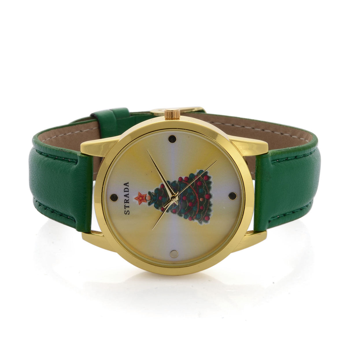 STRADA Japanese Movement Christmas Tree Printed Yellow Dial Water Resistant Watch in Gold Tone with Green Strap