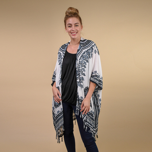 TAMSY 100% Rayon Printed Kimono, One Size ( Fits 8-20 ) - White