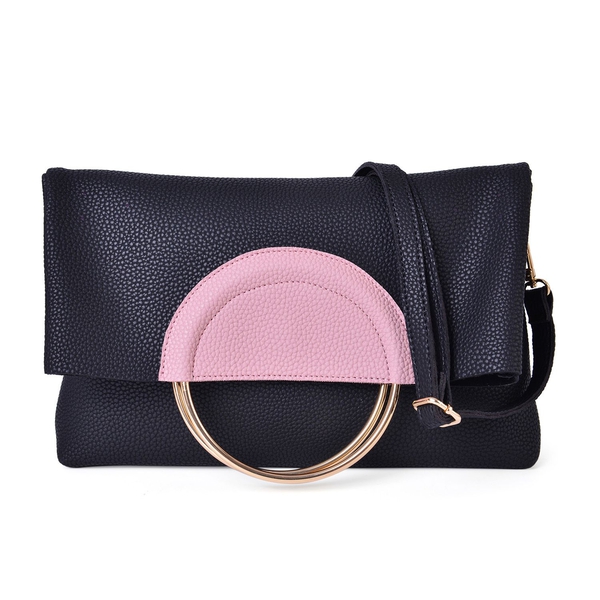 Set of 2 - Black and Pink Colour Handbag (Size 36X31X5 Cm) with Metallic Handles and Pouch (Size 19X18X4 Cm)