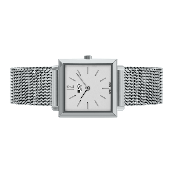 Henry London Heritage Square Ladies White Dial 3 ATM Water Resistant Watch with Silver Colour Mesh Bracelet