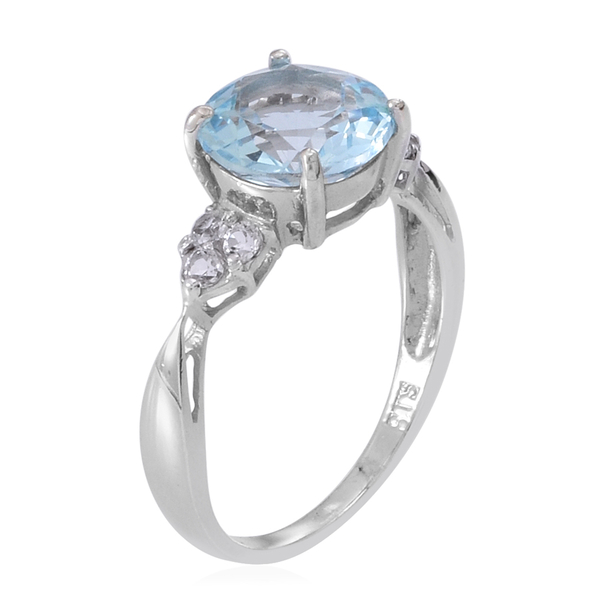 Sky Blue Topaz (Rnd 3.50 Ct), White Topaz Ring in Rhodium Plated Sterling Silver 4.000 Ct.