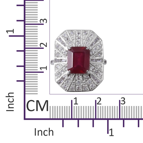 African Ruby (Oct 6.76 Ct), White Topaz Ring in Rhodium Overlay Sterling Silver 9.530 Ct, Silver wt 7.45 Gms.