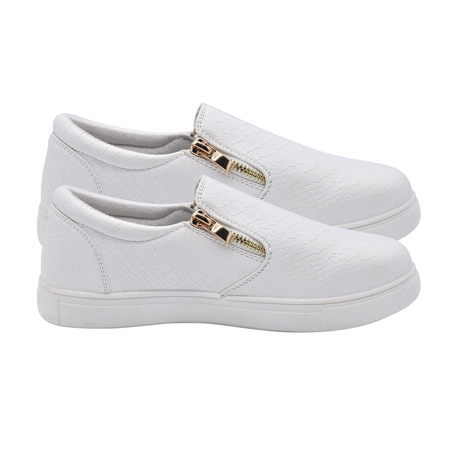 White Croc Pattern Zipper Canvas Trainers