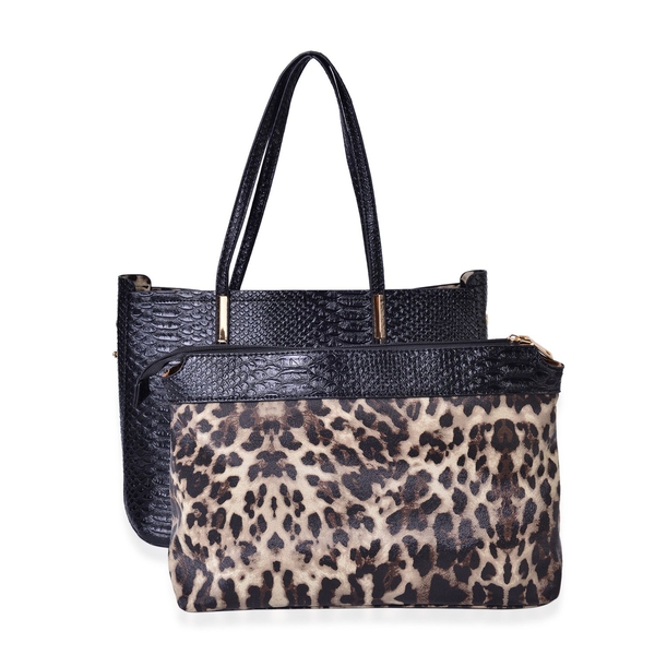 Set of 2 - Black and Chocolate Colour Snake Embossed Handbag (Size 38X26X13 Cm) and Leopard Pattern 