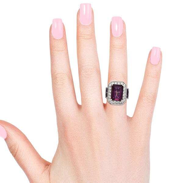 Lulaby Mystic Topaz (Oct 9.30 Ct), Natural Cambodian Zircon and  Amethyst Ring in Platinum Overlay Sterling Silver 11.750 Ct, Silver wt 6.72 Gms.