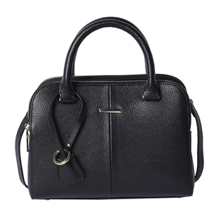 Genuine Leather Tote Bag with Shoulder Strap - Black
