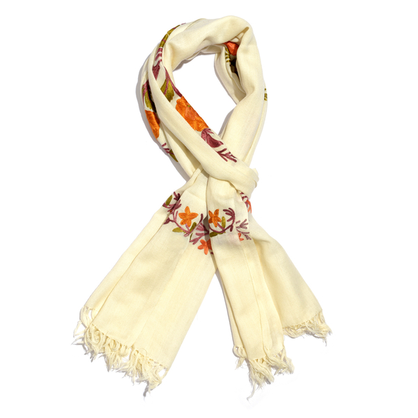 100% Merino Wool Cream, Orange and Multi Colour Floral and Leaves Embroidered Scarf Size 190X70 Cm