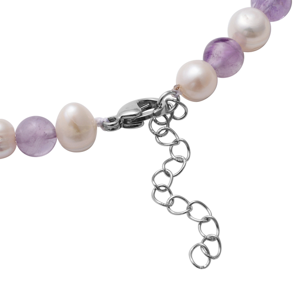 3 Piece Set - White Freshwater Pearl and Amethyst Necklace(Size 18 With 2 Inch Extender), Bracelet Size 8 With 2 Inch Extender)and Earrings (With Lever Back) in Stainless Steel