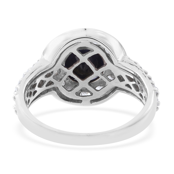Masoala Sapphire (Rnd 3.25 Ct), Natural White Cambodian Zircon Ring in Rhodium Plated Sterling Silver 5.250 Ct.