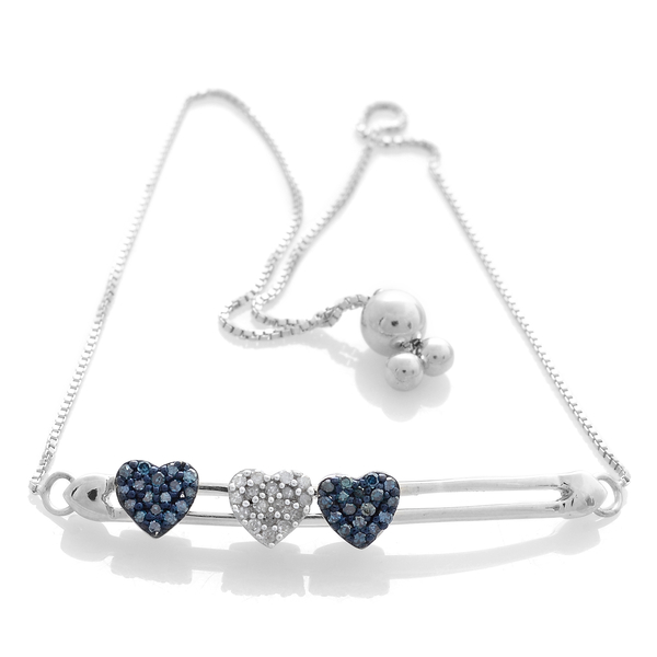 Designer Inspired - Blue Diamond (Rnd), White Diamond Adjustable Hearts Bracelet (Size 6.5-9) in Pla