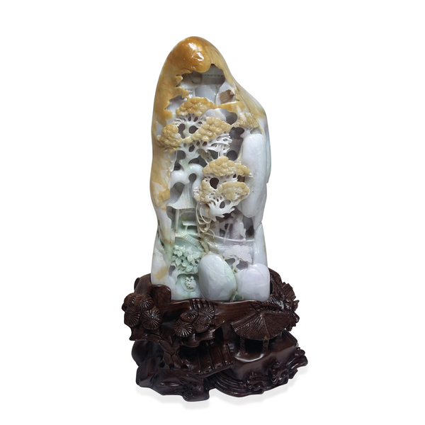 One Off High Quality Natural Green Jade Hand Carved Sculpture with Hand Carved Wooden Base