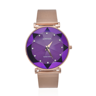 JOWISSA SWISS Ronda Diamond Cut and Crystal Studded Purple Enamel Dial FACET Watch with Rose Gold Tone Mesh Band