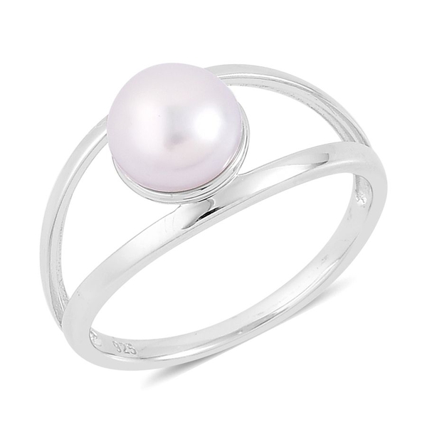 Fresh Water White Pearl Solitaire Ring in Rhodium Plated Sterling Silver