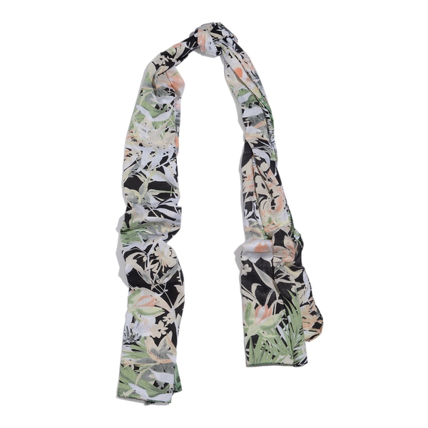 100% Natural Bamboo Fabric Black and Multi Colour Floral and Leaves Pattern White Colour Scarf (Size 180x50 Cm)