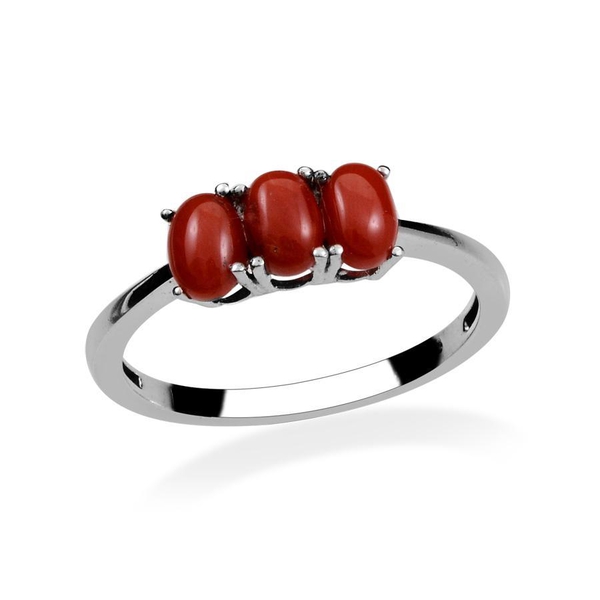 Natural Mediterranean Coral (Ovl) Trilogy Ring in Platinum Overlay Sterling Silver 1.650 Ct.