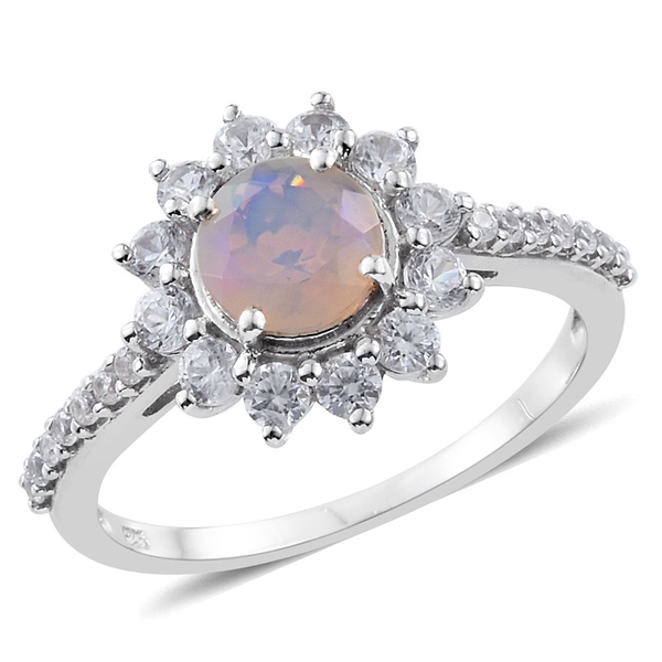 Ethiopian Welo Opal (Rnd), Natural Cambodian Zircon Flower Ring in Platinum Overlay Sterling Silver 