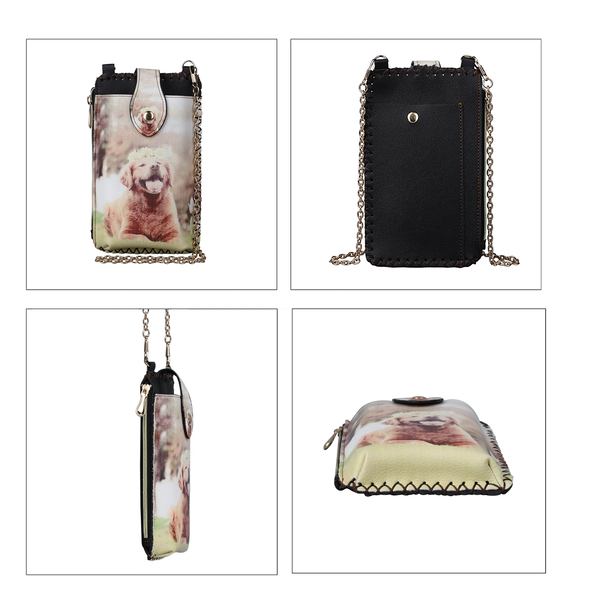 Stylish Dog Pattern Cell Phone Bag with Chain Shoulder Strap (Size 18x10cm) - Beige